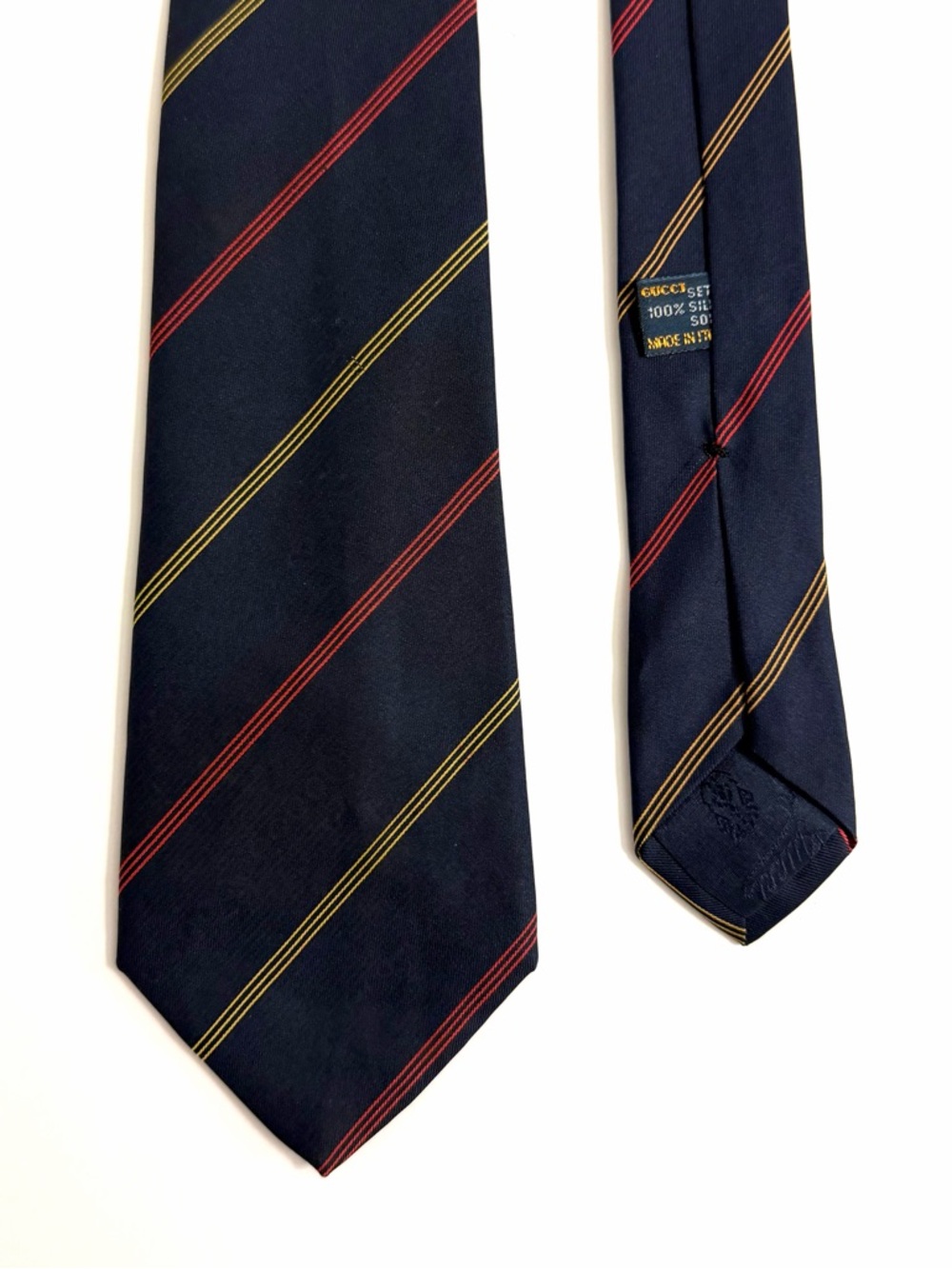 Gucci Tie Men’s 100% Silk Navy Blue with Red & Gold Stripes Made in Italy